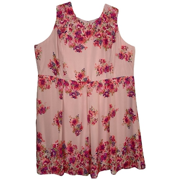 Roaman’s Pink & Floral Design Sleeveless Crewneck Chiffon Mini Dress 28W - Picture 1 of 16